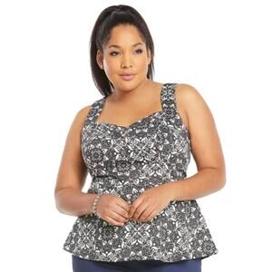 Torrid Black And White Lace Print Sateen Peplum Sleeveless Blouse Top 2X